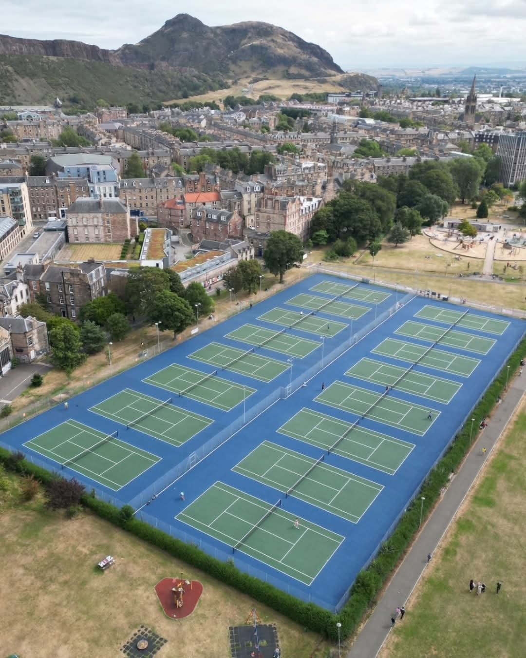 View of the Meadows courts from above in 2025 after they have been resurfaced